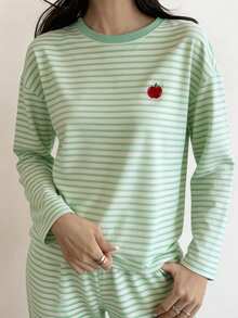 DAZY 2pcs Women Spring Striped Cute Apple Decor Loose Pajama Set, Fall Winter Clothes - Green - View 4