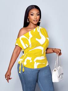 SOLERSUN Blusa asimétrica de hombro con cordón y fruncido lateral con estampado geométrico, talla grande para mujer, estampado aleatorio, blusa de un solo hombro - Amarillo - Ver 4