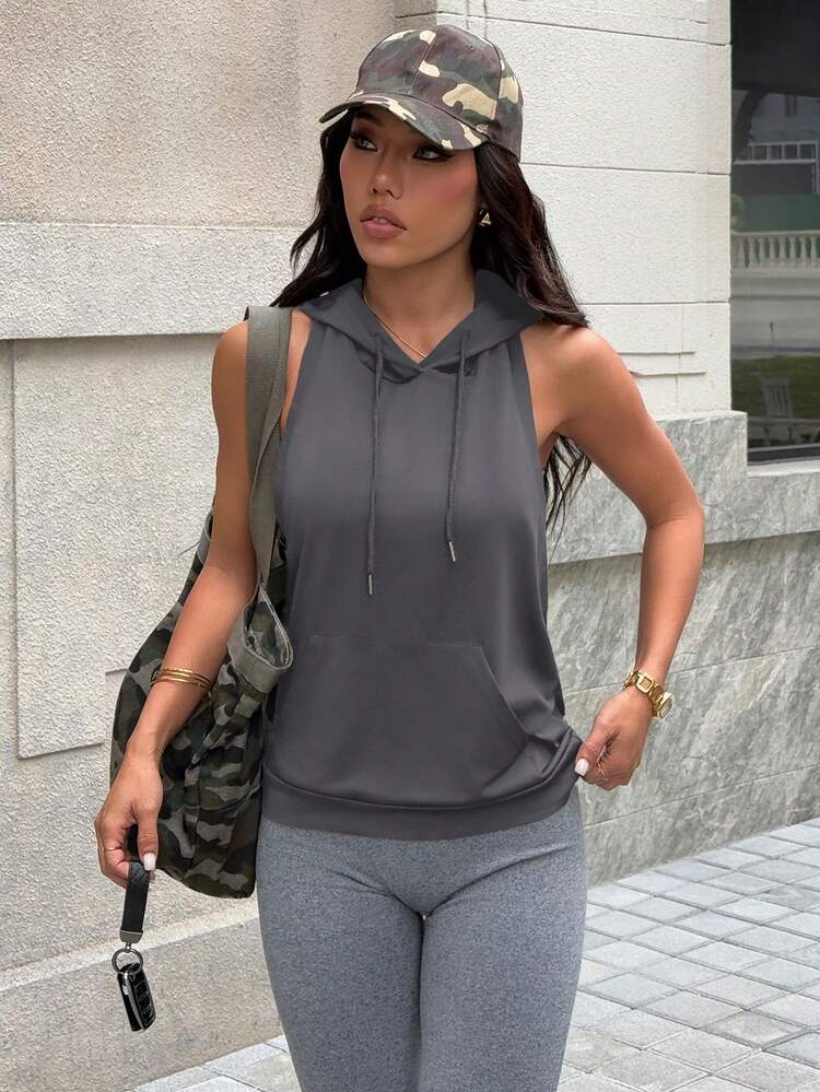 Dewbera 女士时尚休闲户外健身跑步前中口袋无袖连帽抽绳露背性感瑜伽运动卫衣，夏季 - 深灰色 - 查看 2