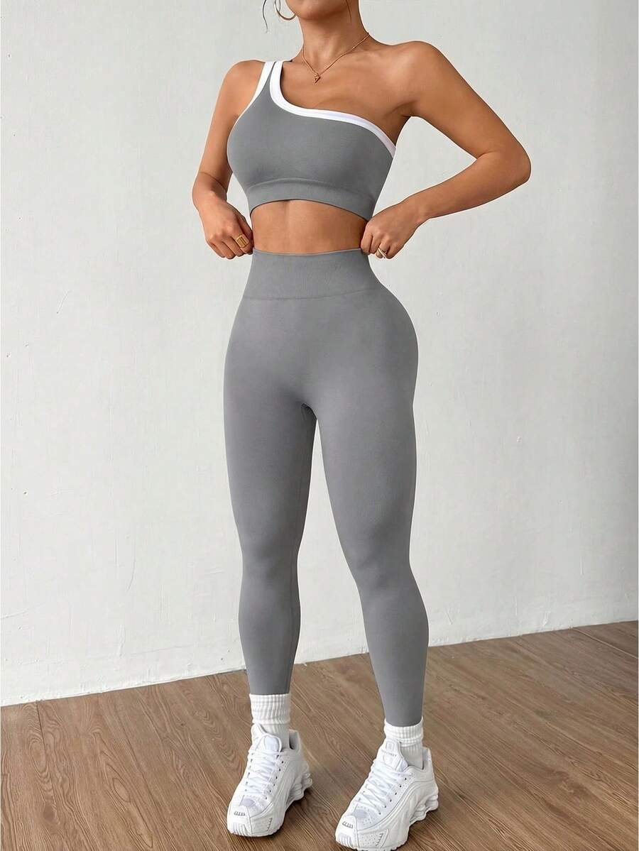 Dewbera 无缝单肩瑜伽吊带提臀高弹力女式运动服 - 淺灰色 - 查看 1