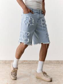 SWAVVY 男士休闲水洗做旧牛仔短裤，夏季 - 藍色 - 查看 1