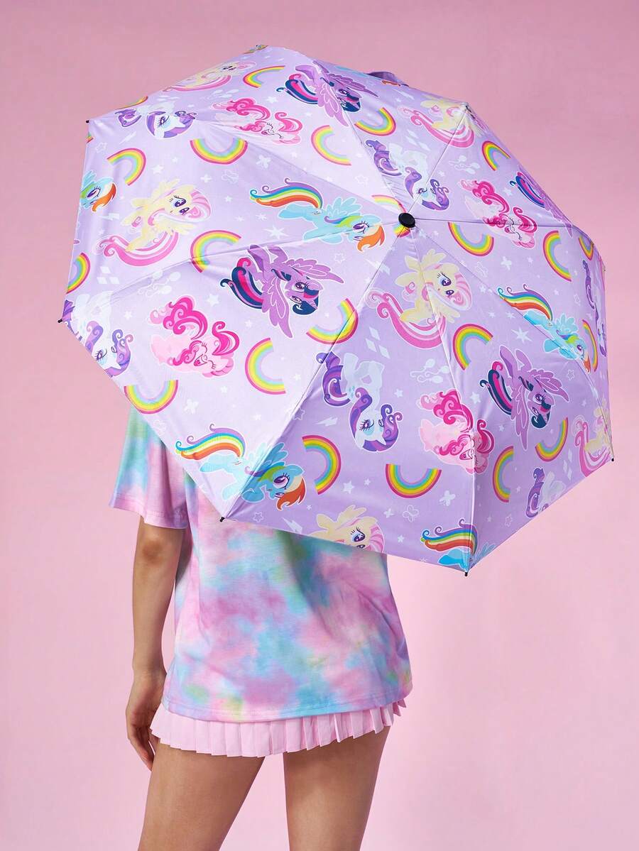 My Little Pony X SHEIN 1把卡通人物印花雨伞,黑色防晒涂层,防晒指数50+,适合上学、上班、外出和日常使用,专为大学生、高中生、男士和女士设计,可爱 - 紫色 - 查看 1