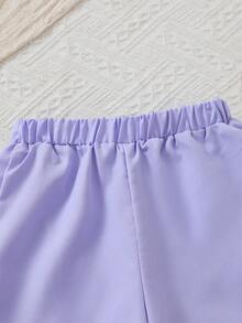 SHEIN Genkimix Kids 两件套女童圆领短袖上衣和裤子，白色上衣饰有花卉刺绣，紫色裤子。适合夏季、休闲、短途旅行，田园甜美风格，柔软可爱。 - 紫色 - 查看 6