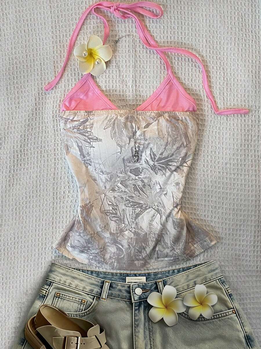INAWLY 女士夏季度假热带水果椰树海滩度假两件套露背上衣,休闲百搭,完美适用于度假、海岛旅行、派对、日常穿着和休闲活动 - 彩色 - 查看 1