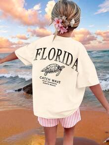 少女圆领字母和海龟印花短袖T恤，适合夏季日常穿着 - 彩色 - 查看 3