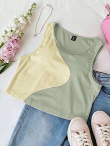 Comfortcana Áo tank top cỡ lớn cổ tròn phối màu tương phản, kiểu dáng thường ngày, thích hợp cho mùa hè. - màu xanh lá - Xem 3