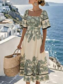 SHEIN Holidaya Đầm maxi ngắn tay cổ vuông in hoa phong cách bohemian dành cho nữ, thích hợp cho kỳ nghỉ biển. - màu xanh lá - Xem 4