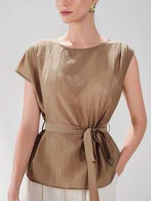 Aveloria Modichic Áo nữ kiểu dáng bất đối xứng, thời trang mới, đa năng, xếp ly, chất liệu đặc biệt, phong cách Châu Âu và Mỹ, dành cho mùa xuân/hè. - Cà phê nâu - Xem 4