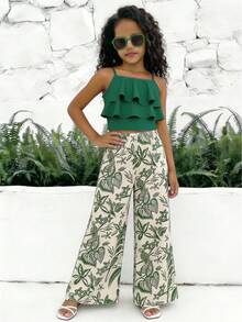 SHEIN Sparklyn Summer Tween GirlsVacation Set, Layered Ruffle Camisole + Floral Print Wide Leg Pants, & Elegant For Daily Outing, Beach Trip, Photo Shoot Squishy Set - Green - View 5
