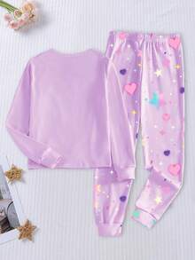 1 Set de Pijamas que brillan en la oscuridad para niñas preadolescentes, parte superior de punto con estampado de grupo de niñas luminoso activado por UV en color morado y Bottom de punto con estampado de estrellas y corazones de ajuste ceñido, el estilo de ajuste ceñido es pequeño, por favor pida una talla talla grande grande - Gris - Ver 2