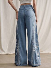 Anewsta Quần jeans ống rộng kiểu bohemian thêu họa tiết thanh lịch dành cho nữ, thích hợp cho các bữa tiệc, kỳ nghỉ, mùa xuân/hè. - Màu xanh lam - Xem 7