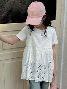 Dazy Kids قميص كاسول صيفي لفتيات المراهقات، قطعة واحدة بلون مطرز بتطريز مفرغ، ملابس عودة إلى المدرسة - أبيض - مشاهدة 3
