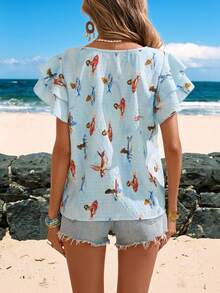 Sylviya 女士休闲印花荷叶袖衬衫，夏季 - 彩色 - 查看 3