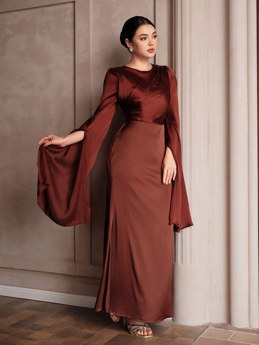 Graceveil Women's Elegant Luxurious Textured Pleated Shiny Fabric Slit Flowy Bishop Sleeve Round Neck Fitted Dress - Brown - View 1