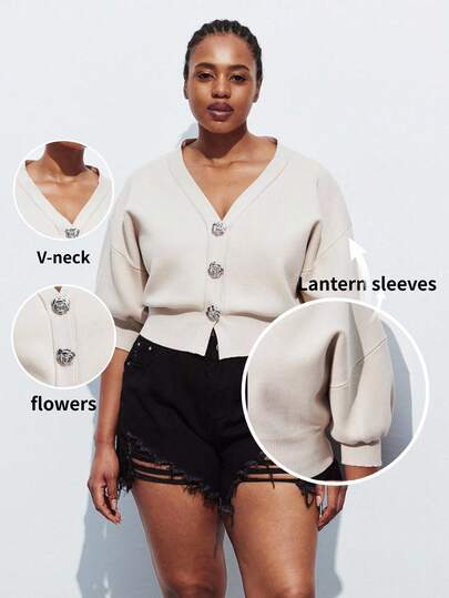 Maija Plus Size Women's Floral Button Drop Shoulder Loose Knit Top Modest Vintage Women Outfit Deas For Old Money Teacher Romantic, Fashion, Versatile; Comfortable, Stylish, Elegant, Casual, Simple Daily Wear, Solid Color Holiday Casual Knit Top, Decent, Single Lady, Elegant Fashion Business Casual Woman Going Out Tops Graduation TeacherWomen Party Top Beach Summer Holiday Beach Vacation Summer Going Out Graduation