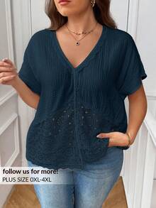 SHEIN Frenchy Plus Size Women V-Neck Casual Solid Color Versatile Daily Wear Shirt - Navy Blue - View 1