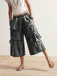 Bohemela Casual Solid Color Knit Loose Capri Pants - Black - View 4