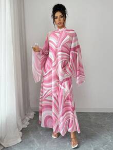 Rafferiza 女士阿拉伯风格长款连衣裙，女士纱丽，雪纺印花几何波浪图案，宽松立领喇叭袖A字裙摆，优雅适合假日、派对、正式场合，复古、端庄、浪漫、休闲，春夏皆宜。 - 粉色 - 查看 4