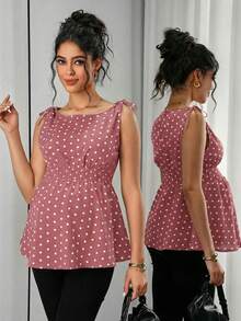 Momance 孕妇波点印花扭结前襟无袖休闲背心，春夏款 - 藕粉色 - 查看 6