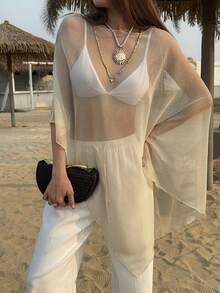 DAZY Áo khoác ngoài nữ cổ tròn, chất liệu xuyên thấu, vạt bất đối xứng. - Màu Khaki - Xem 5