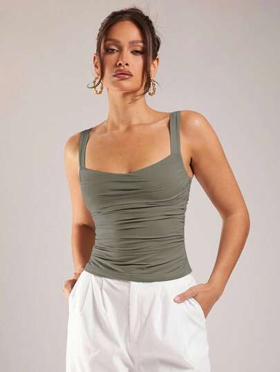 Silquee Women's Elegant Solid Color Ruched Fitted Camisole, Summer