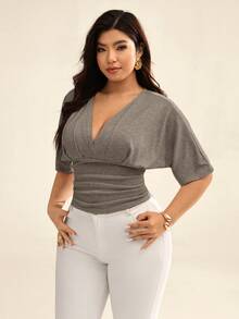 Auralis Plus Size Elegant Solid Color Batwing Sleeve Cinched Waist T-Shirt, Summer - Brown - View 3