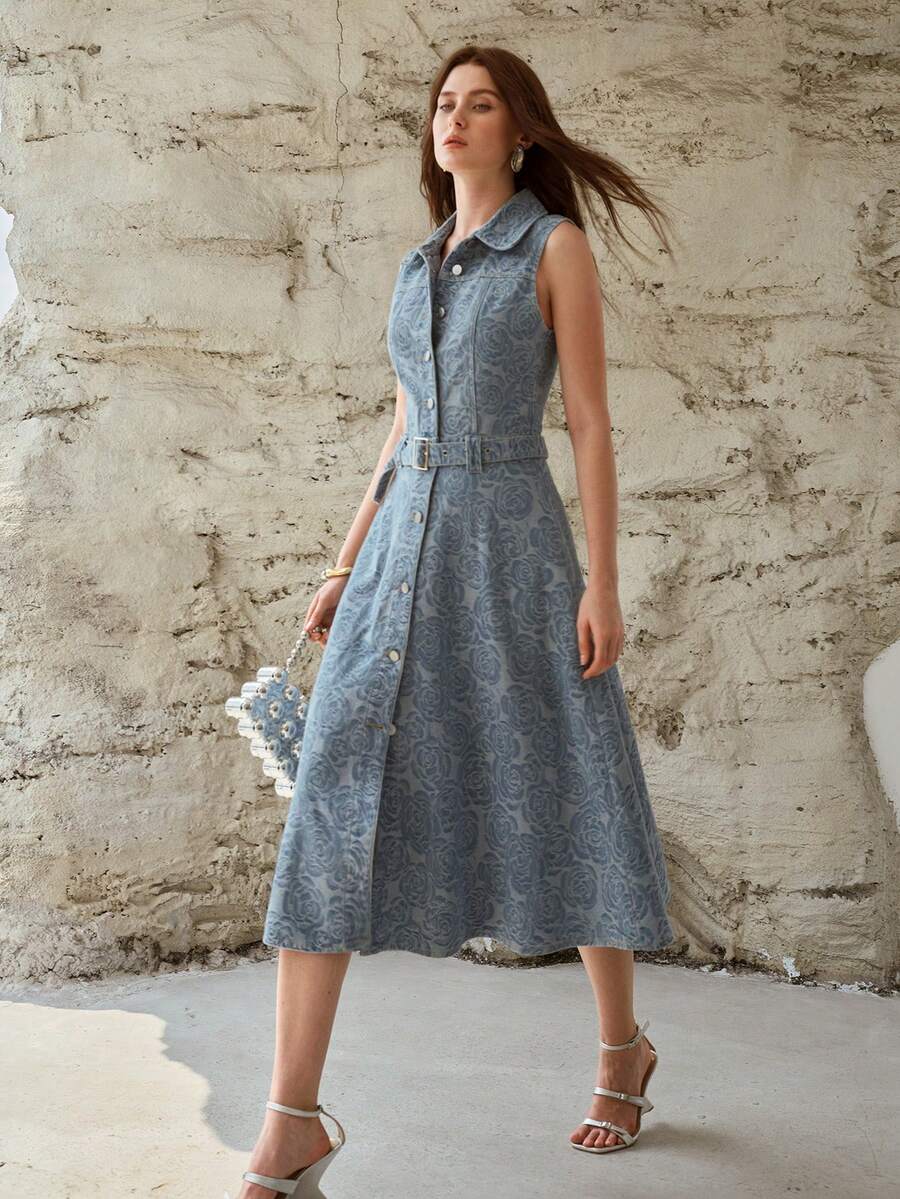 MOTF PREMIUM WOMEN'S DENIM JACQUARD BUCKLE BELTED SLEEVELESS DRESS - Light Wash - View 1