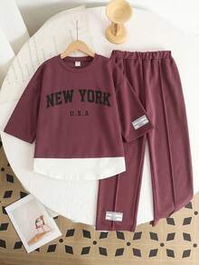 SHEIN Serisse Kids Tween Girls' Lavender Spring/Summer Knit Round Neck Loose Patchwork Print 7/8 Sleeve Wide Leg Pants Casual Black School Back-To-School 2 Pieces Set - Dusty Pink - View 4