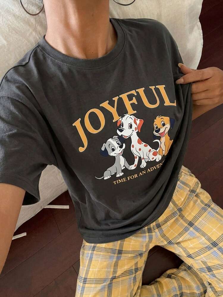 Women Casual Dog & Letter Graphic Tee Shirt Top And Plaid Loose Pants Pajama Set,Back To School Clothes - Dark Grey - View 2