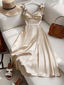 INAWLY New Arrival Summer Elegant Dress, Sleeveless Spaghetti Strap Bow Tie, A-Line Romantic Dress, Sexy High Slit Hem, Pearl Decor, Poplin Fabric, Women's Office Dress, Summer Outfit, Elegant Party Dress, Wedding Guest Attire Satin Dress Luxury Long Dress Bow Strap Dress Elegant Classic Dress Women's Formal Dresses Luxury Dresses For Women Satin Dress For Women Silk Dress Women Classy Dresses For Ladies Elegant Dresses For Women - Apricot - View 2