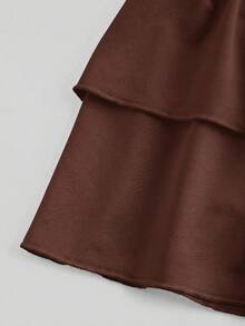 SHEIN Girlism Tween Girls Knitted Solid Color Cute Ruffle Layered Built-In Shorts Mini Skirt, Y2K Fashion, Back To School - Brown - View 3