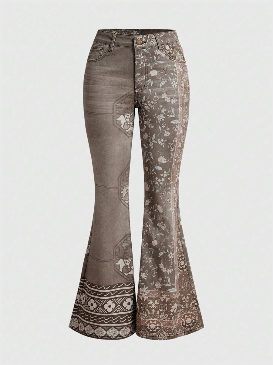 ROMWE Grunge Punk Jeans acampanados de talle súper bajo con estampado floral de contraste en estilo retro hippie - Gris Claro - Ver 1