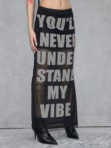 ROMWE Avant Oversized English Text Mesh Blurry Print Slim Fit Maxi Skirt - Black - View 5
