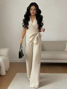 SHEIN Franclia 优雅百搭休闲通勤褶裥扭结衬衫上衣，搭配长裤或阔腿裤，女士两件套，卡其色，春夏款 - 卡其色 - 查看 6