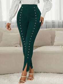 SHEIN Lady Quần legging nữ cạp cao, xẻ tà, đính hạt cườm - Màu xanh lá cây đậm - Xem 5
