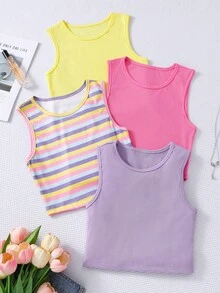 SHEIN 4件套彩色百搭休闲甜美吊带背心，适合少女穿着，可用于度假、外出、返校、日常穿着和夏季。 - 彩色 - 查看 3