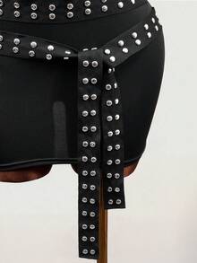 Mistrie Chân váy ngắn nữ dệt kim đính đinh tán mùa xuân/hè. - màu đen - Xem 4