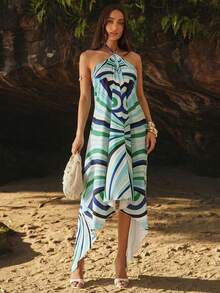 Silquee Robe femme sans manches à ourlet asymétrique avec motif rayé coloré, printemps/été - Bleu azur - Voir 1