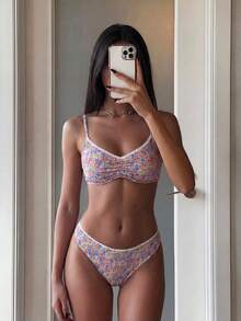 Costavie 女性迷你小花草印花泳衣連體泳裝，假期游泳服裝套裝 - 彩色 - 查看 1