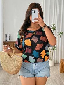 EMERY ROSE Plus Size Women Allover Print Round Neck Casual Versatile Daily Wear Shirt - Multicolor - View 4