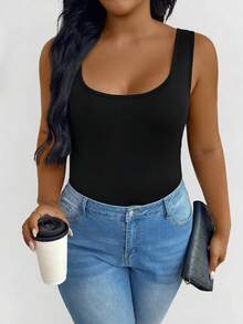 SHEIN PETITE CURVE 大码女式方领宽肩带修身吊带背心，褶皱收腰设计，遮掩小肚腩，日常穿着打底衫 - 黑色 - 查看 3