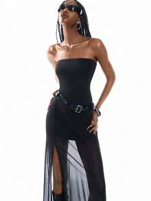 Airlisse 女士性感无肩带网纱拼接荷叶边开衩紧身连衣裙 - 黑色 - 查看 7