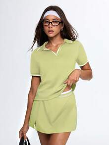 SHEIN Sports 女士休闲拼接撞色百搭日常运动短袖Polo衫 - 青碧色 - 查看 1