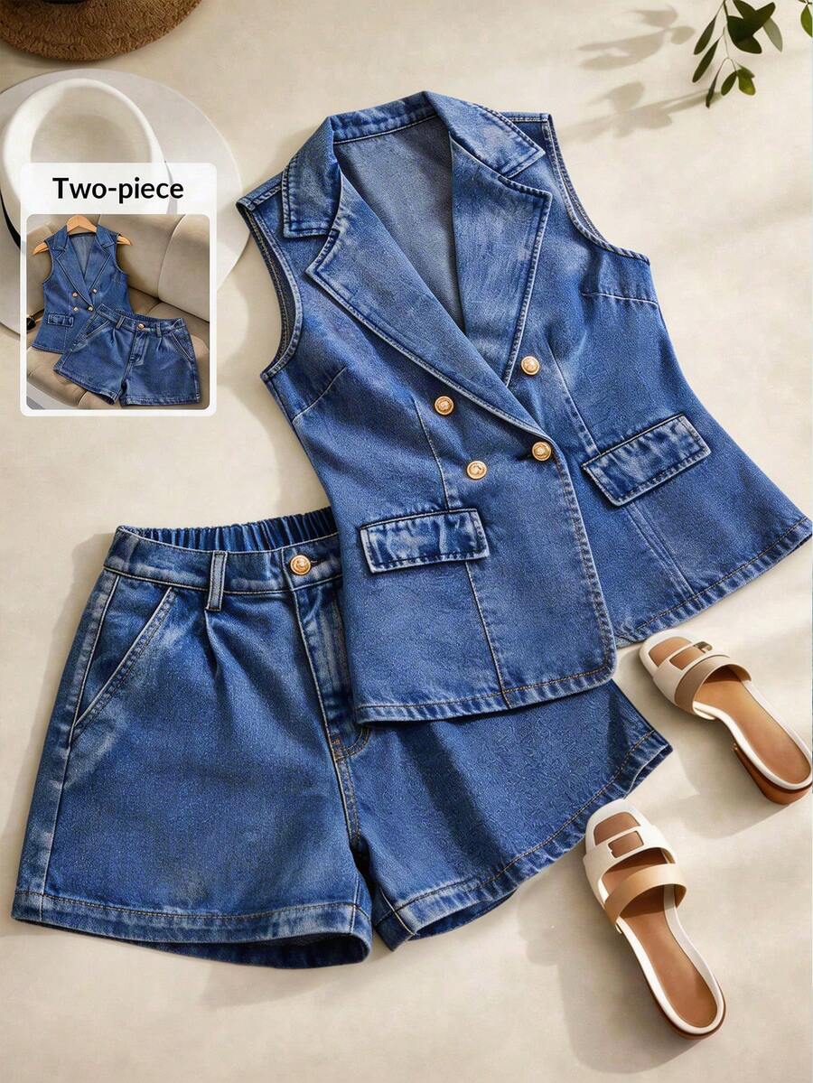 GlowEve Bộ đồ denim thường ngày dành cho nữ, gồm áo không tay cổ ve và quần short có túi. - Màu xanh lam - Xem 1