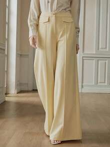 Anewsta New Modern Casual Light Yellow Patch Pocket Wide Leg Elegant Office Commute Versatile Women Suit Pants - Light Yellow - View 3