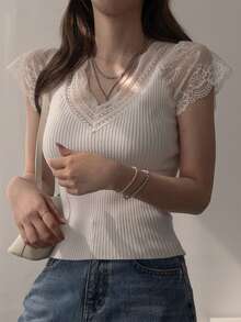 DAZY Women's Lace Korean Style Elegant Short Sleeve Knit Top Summer - White - View 5
