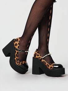ROMWE Grunge Punk Chaussures femme mode à semelle épaisse et compensée - Style décontracté punk, bout rond, fausses perles, imprimé léopard simulé, boucle. Chaussures confortables et simples, style Glissant pour femme, style années 2000 - imprimé léopard - Voir 3