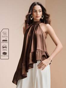 Arave 女士宽松立领无袖不对称荷叶边下摆休闲通勤上衣 - 咖啡棕 - 查看 4