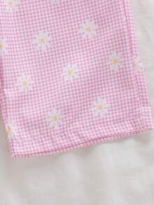 SHEIN Vintaside Kids 两件套女婴夏季时尚简约可爱蓝白格子印花背心上衣，饰有蝴蝶结，搭配同款格子印花裤子，适合户外、上学、旅行穿着。 - 粉色 - 查看 7