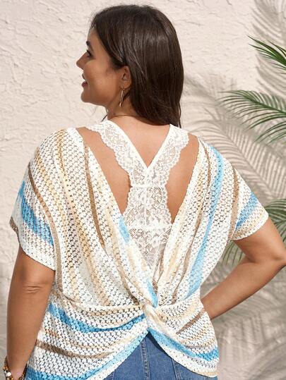 Comfylo 大码休闲条纹蕾丝拼接扭结后背T恤